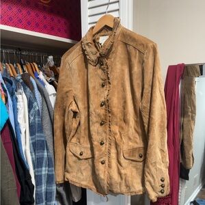 J Jill Suede Leather Button-Up Jacket With Ruffle Trim